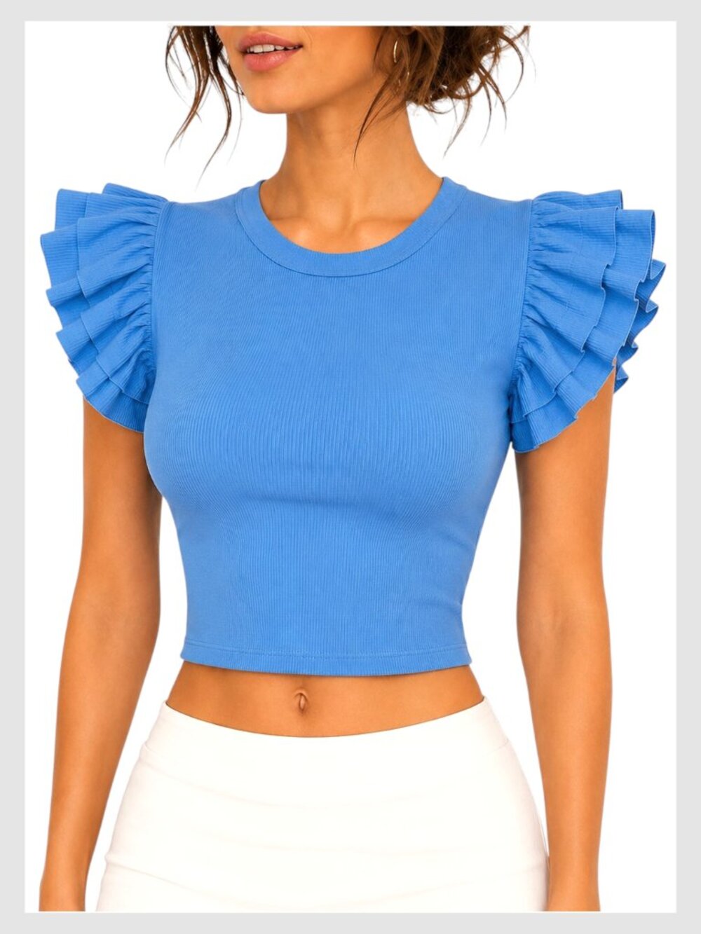 Zara Ribbed Crop Top Blue Ruffle Sleeve Crew Neck M
